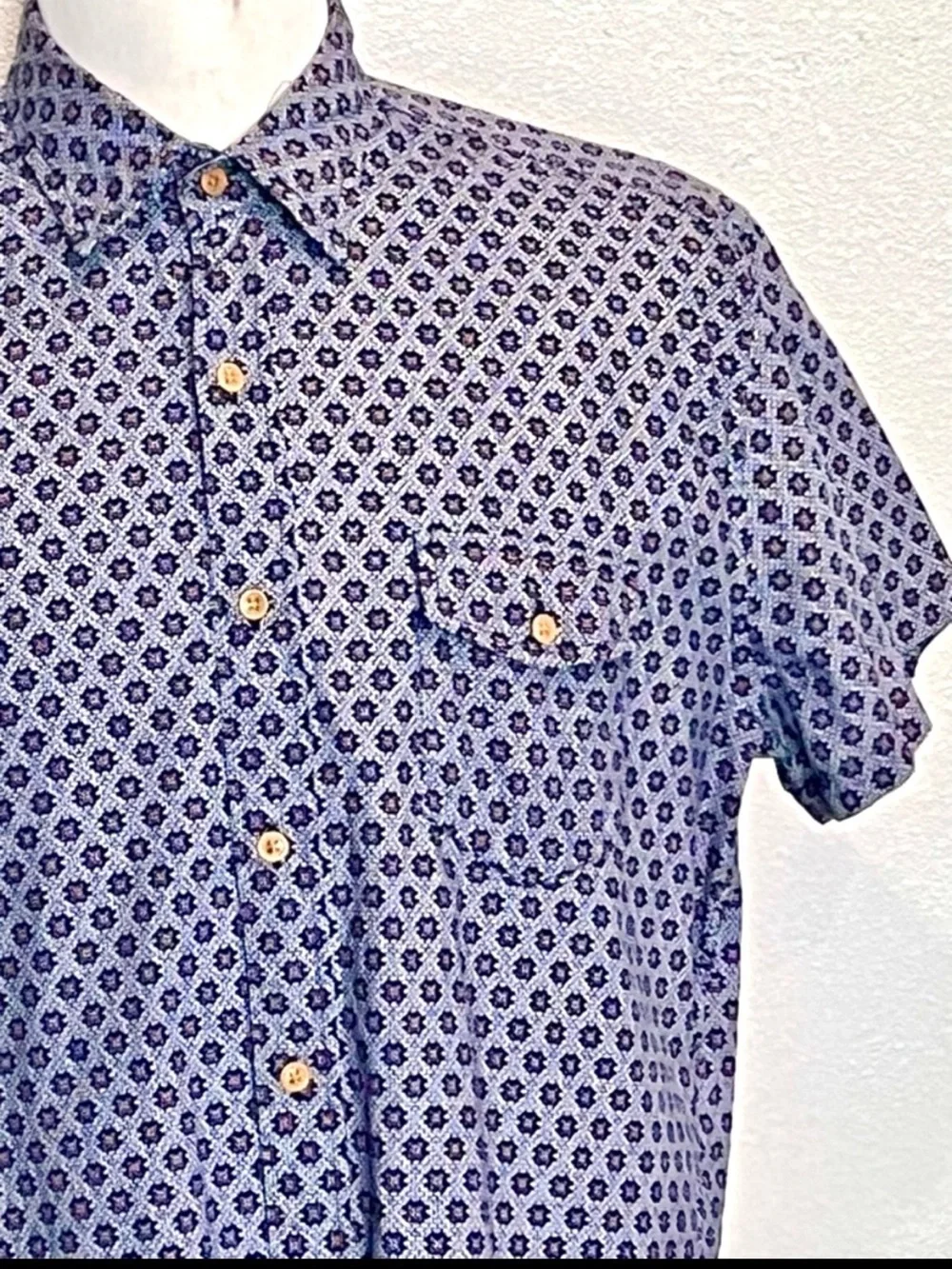 Men's Blue Geometric Tile Short Sleeve Cotton Button Down Shirt L